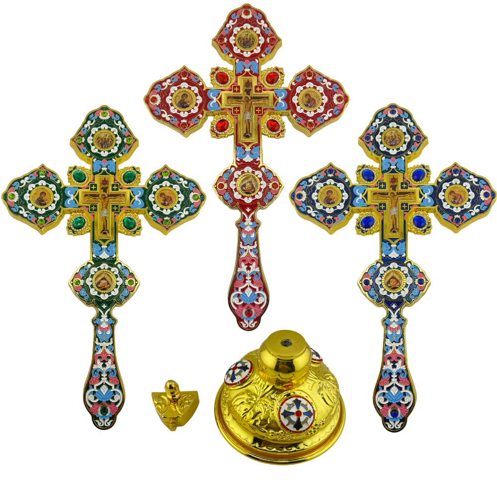 Orthodox Altar Cross In Gilding With Colored Enamel (Stand Optional) Orthodox Altar Cross In Gilding With Colored Enamel (Stand Optional)